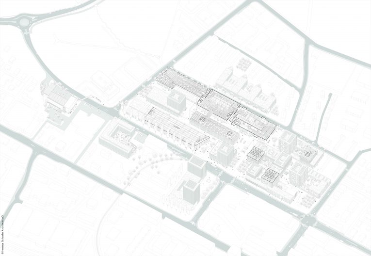 TechCluster VZug Axonometrie Quartier mit Grundrissausz&uuml;gen