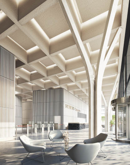 Siemens Campus Erlangen Modul2 Visualisierung Innenperspektive Foyer Holzhybridbauweise