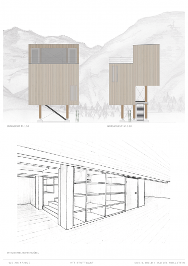 N11_Plaene Meterologische Wetterstation_Seite_03 Ost- und Nordansicht, Entwurf Treppenmöbel