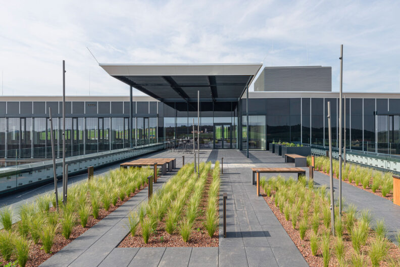 Au&szlig;enperspektive begr&uuml;nte Dachterrasse mit Aufenthaltsm&ouml;glichkeit auf dem RINGANA Campus